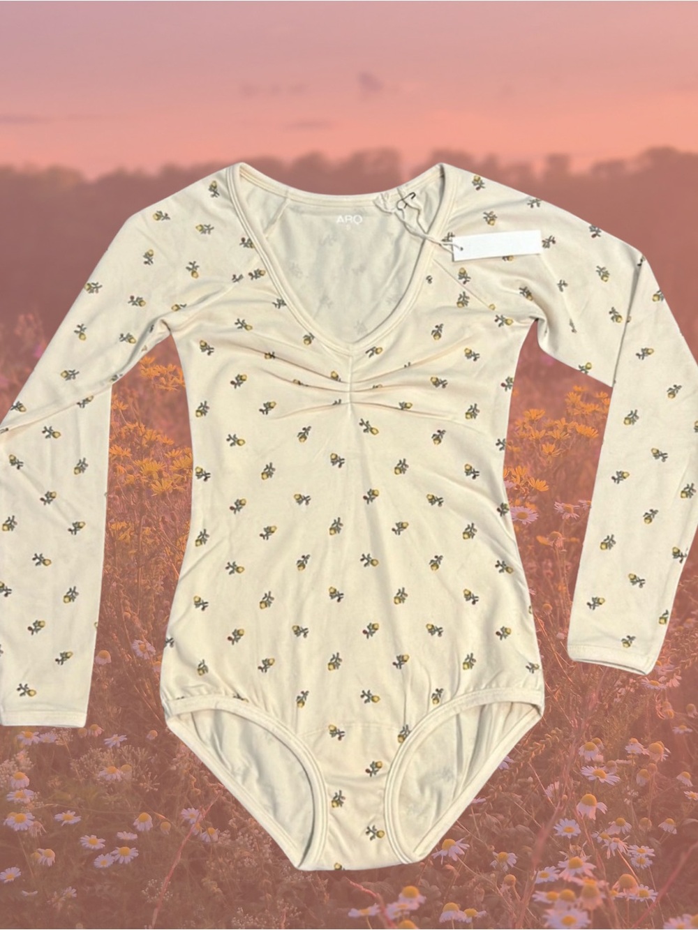 Arq Leo Cream Floral Print Long Sleeve Bodysuit Women’s